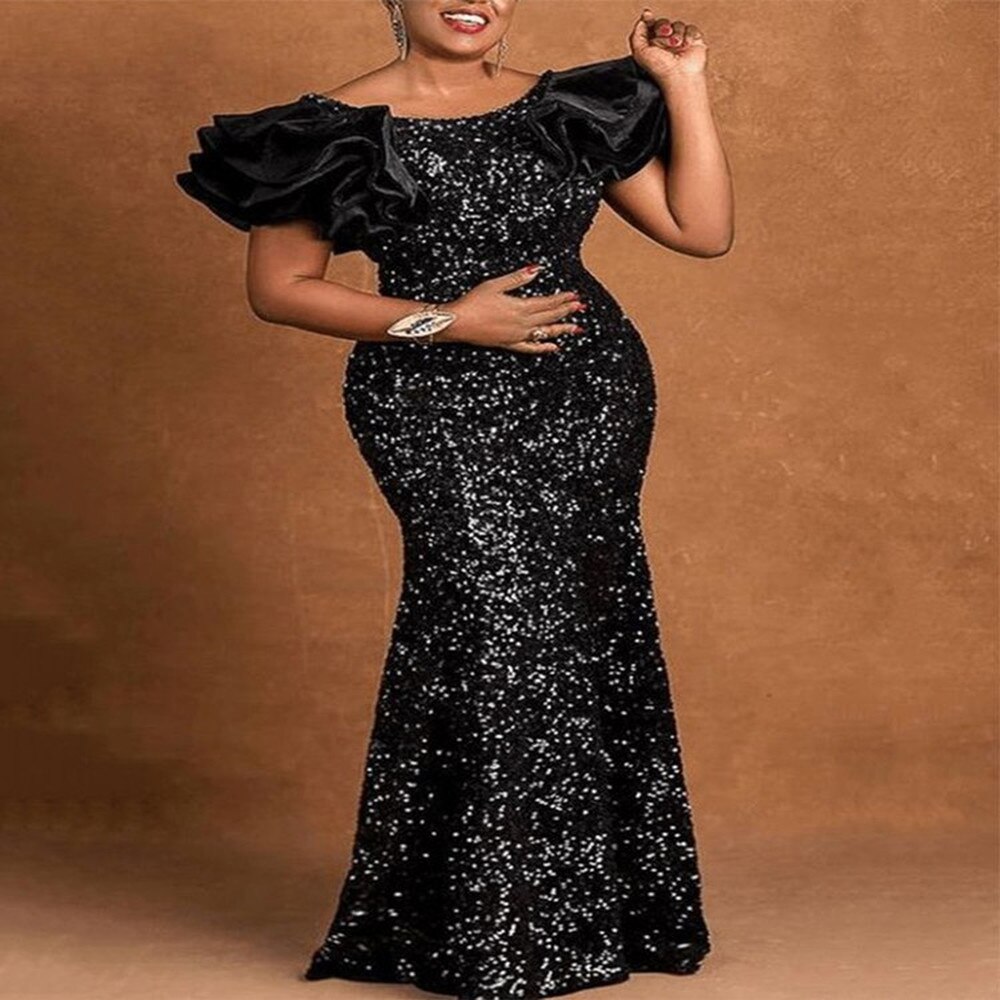 African Dresses For Women 2022 Plus Size Sequin Evening Party Maxi Long Dress Black Wedding Dinner Gown Robe Africaine Femme