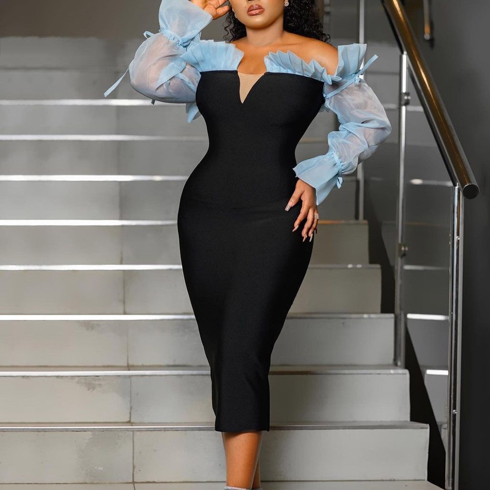 Off Shoulder Sexy Dresses Party Night Club Dress 2022 Long Sleeve Bodycon Color Block Women Elegant Black Midi Dress Evening Off Shoulder Sexy Dresses Party Night Club Dress 2022 Long Sleeve Bodycon Color Block Women Elegant Black Midi Dress Evening