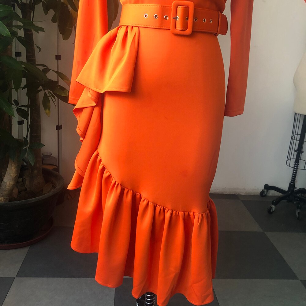 Plus Size Women Spring Dress Asymmetrical Cute Ruffle Bodycon Trendy Office Lady Work Wear OL Clothes Long Sleeve Midi Dresses