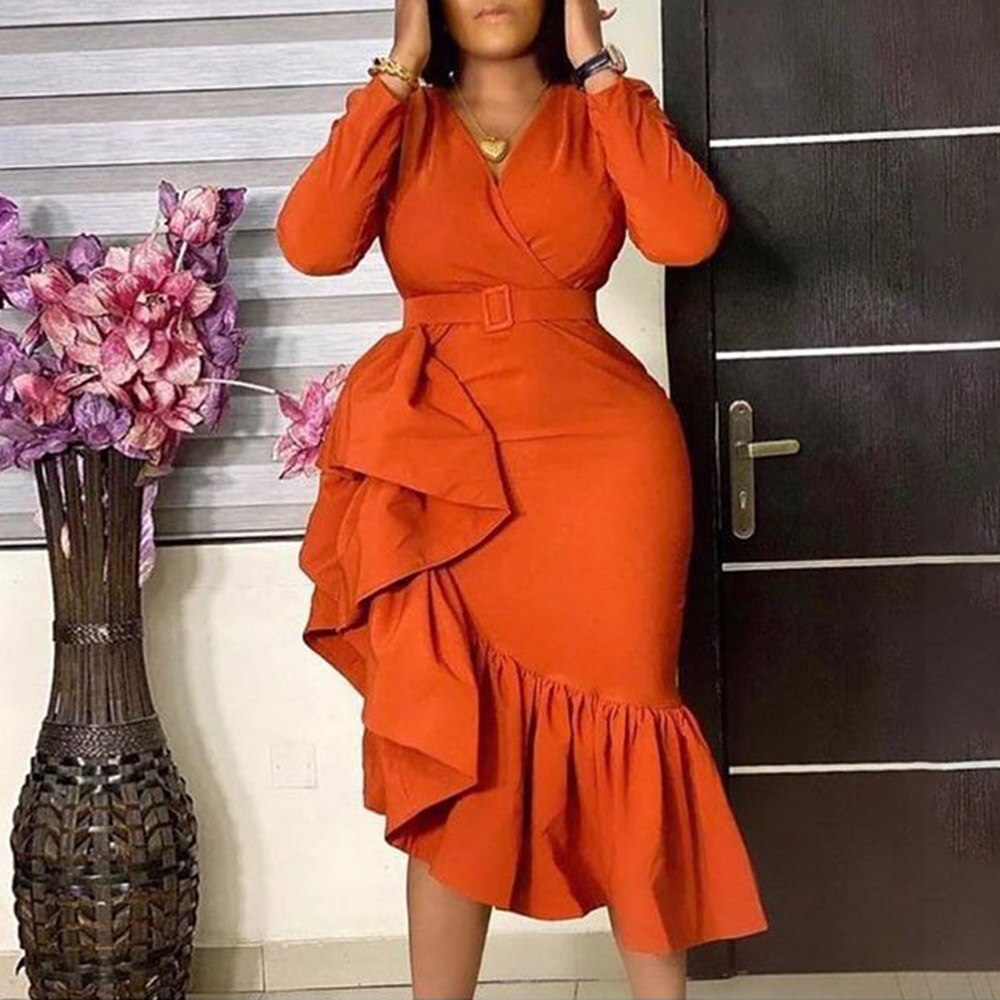 Plus Size Women Spring Dress Asymmetrical Cute Ruffle Bodycon Trendy Office Lady Work Wear OL Clothes Long Sleeve Midi Dresses Plus Size Women Spring Dress Asymmetrical Cute Ruffle Bodycon Trendy Office Lady Work Wear OL Clothes Long Sleeve Midi Dresses