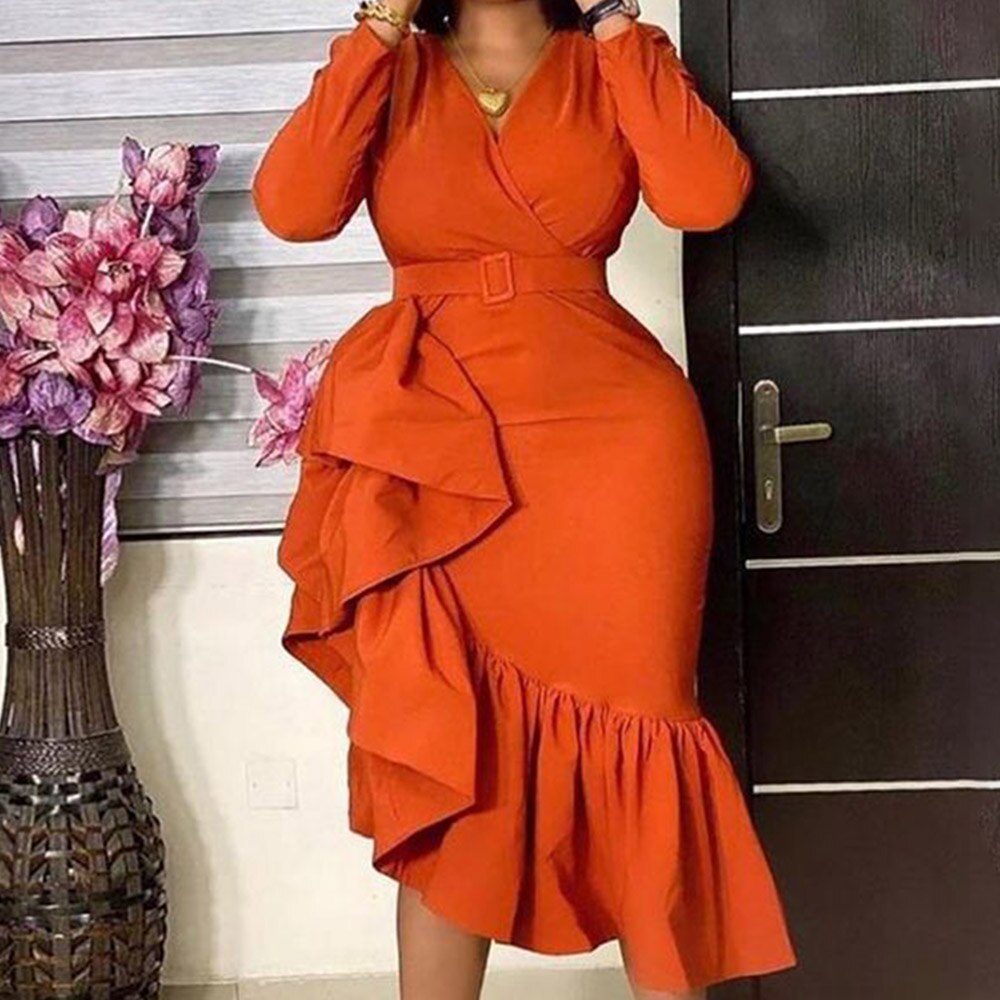 Plus Size Women Spring Dress Asymmetrical Cute Ruffle Bodycon Trendy Office Lady Work Wear OL Clothes Long Sleeve Midi Dresses Plus Size Women Spring Dress Asymmetrical Cute Ruffle Bodycon Trendy Office Lady Work Wear OL Clothes Long Sleeve Midi Dresses