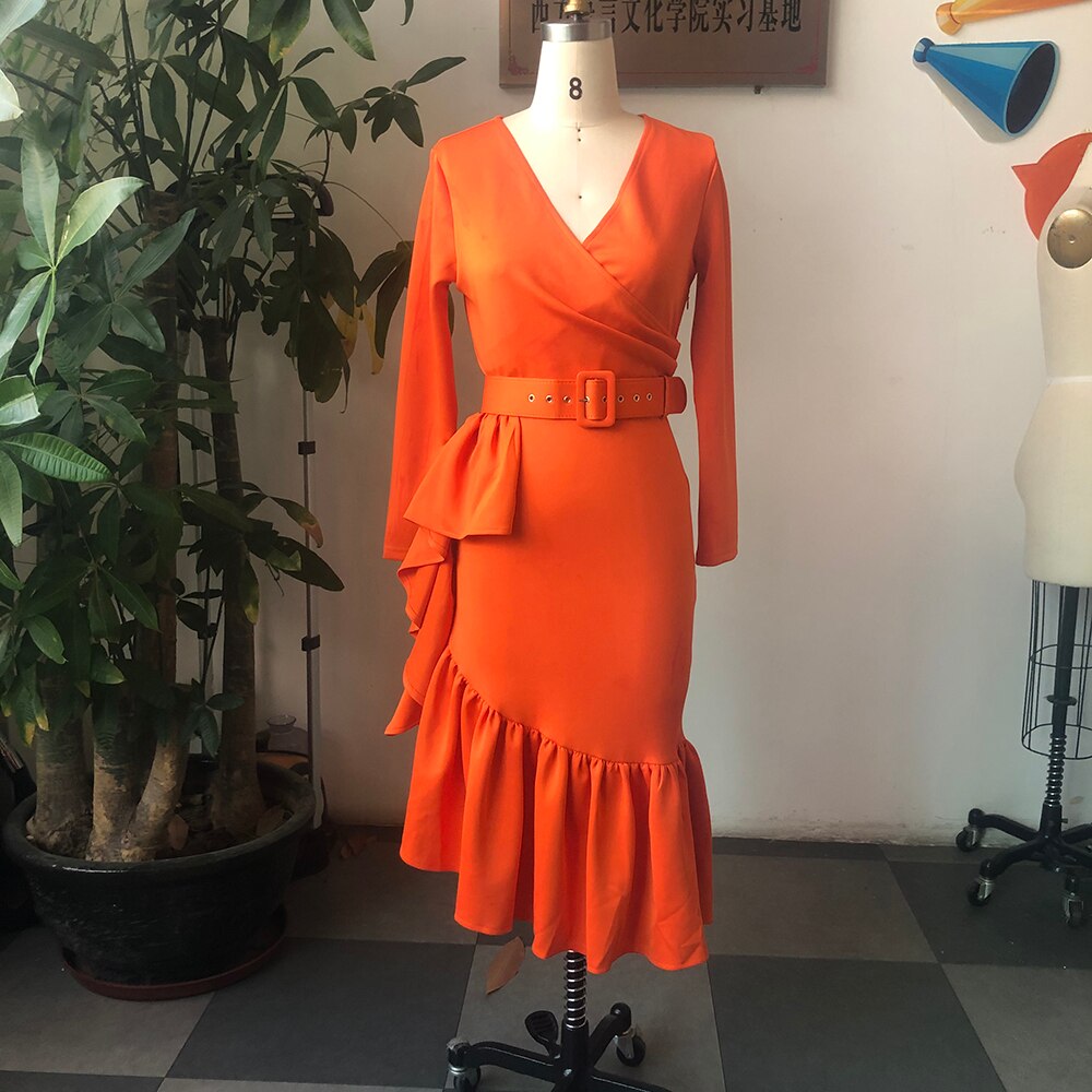 Plus Size Women Spring Dress Asymmetrical Cute Ruffle Bodycon Trendy Office Lady Work Wear OL Clothes Long Sleeve Midi Dresses