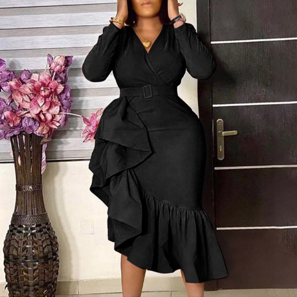 Plus Size Women Spring Dress Asymmetrical Cute Ruffle Bodycon Trendy Office Lady Work Wear OL Clothes Long Sleeve Midi Dresses Plus Size Women Spring Dress Asymmetrical Cute Ruffle Bodycon Trendy Office Lady Work Wear OL Clothes Long Sleeve Midi Dresses