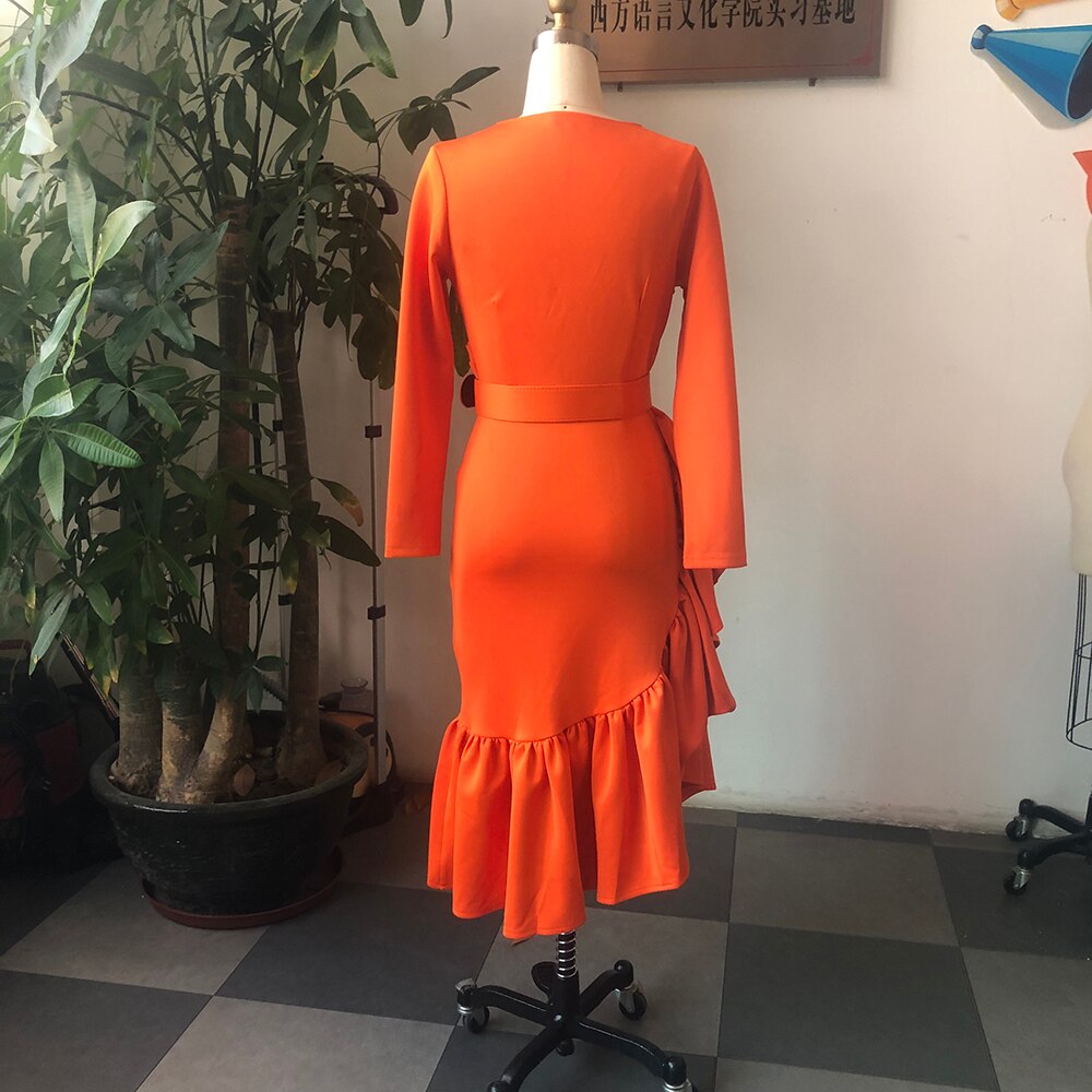 Plus Size Women Spring Dress Asymmetrical Cute Ruffle Bodycon Trendy Office Lady Work Wear OL Clothes Long Sleeve Midi Dresses