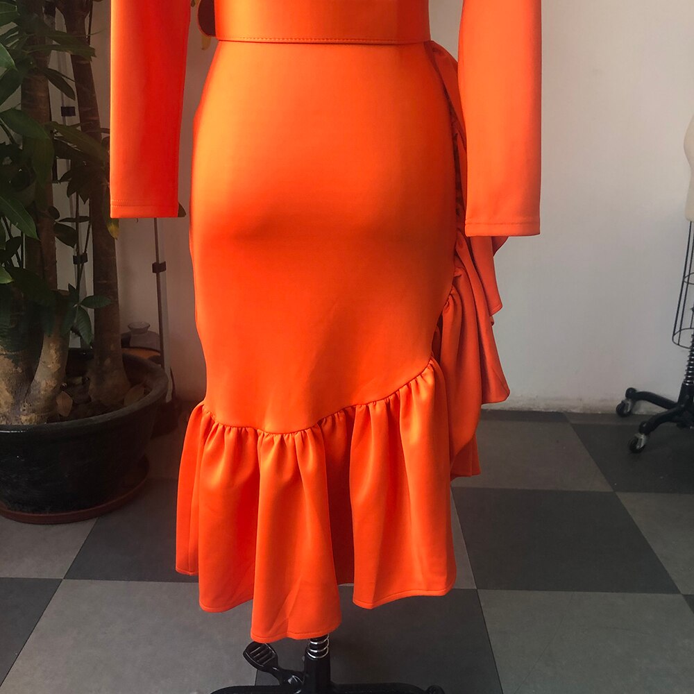 Plus Size Women Spring Dress Asymmetrical Cute Ruffle Bodycon Trendy Office Lady Work Wear OL Clothes Long Sleeve Midi Dresses
