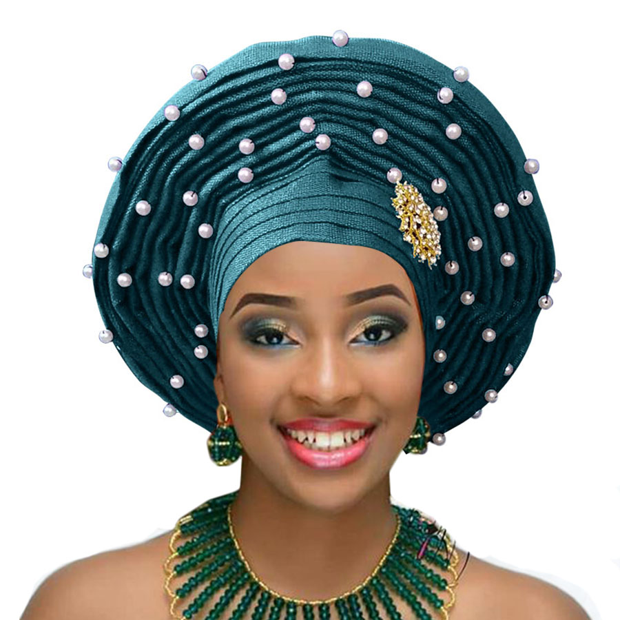 African Gele Already Made Heatie Aso Oke Headtie With Beads For Women Free Shipping