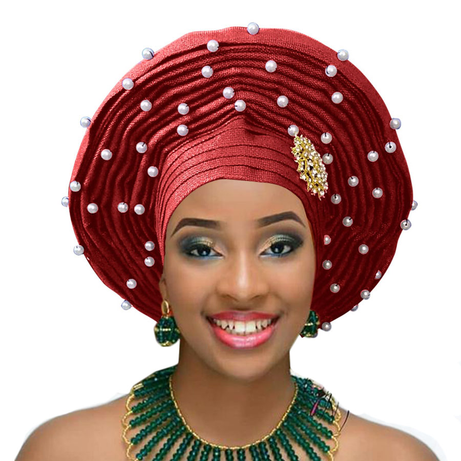 African Gele Already Made Heatie Aso Oke Headtie With Beads For Women Free Shipping