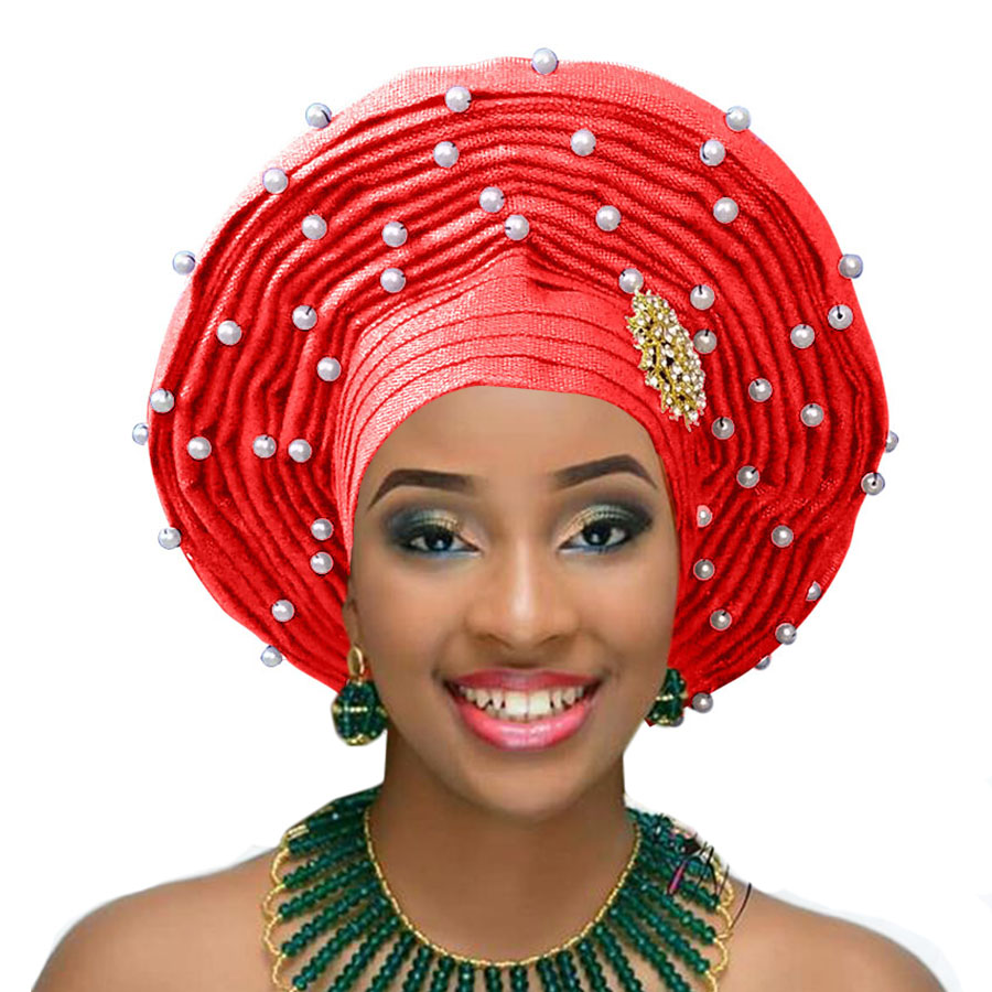 African Gele Already Made Heatie Aso Oke Headtie With Beads For Women Free Shipping