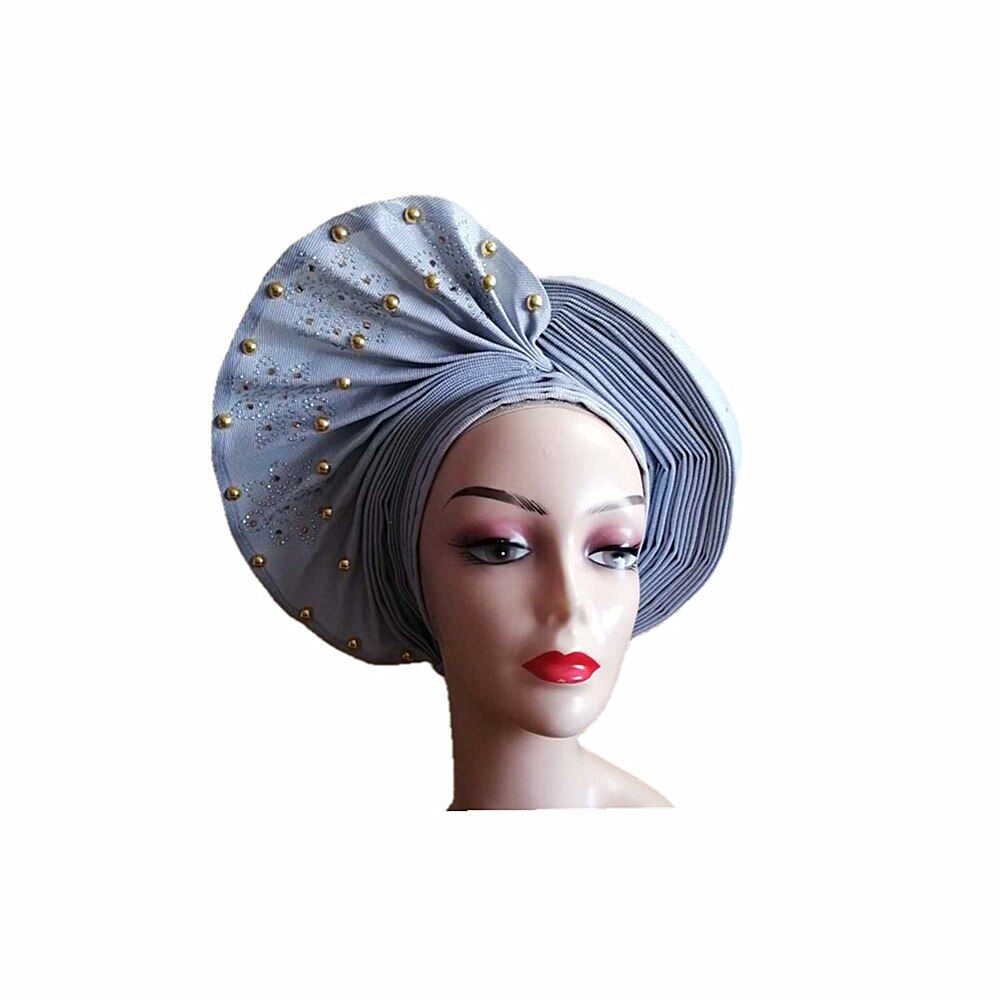 Fashion Blue Nigerian Turban Gele Headtie Aso Oke Gele Already Made Auto Gele Headtie African Turban Cap with Beads Z1030-2 Fashion Blue Nigerian Turban Gele Headtie Aso Oke Gele Already Made Auto Gele Headtie African Turban Cap with Beads Z1030-2