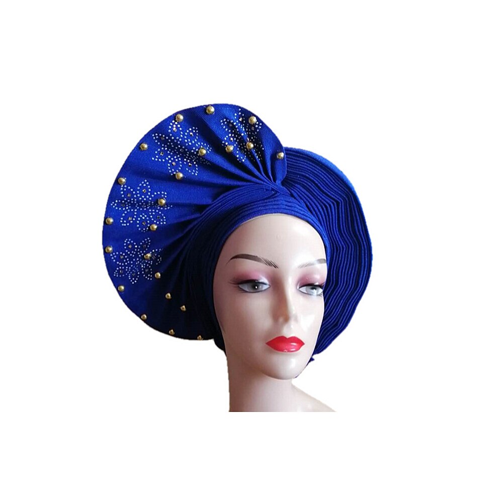 Fashion Blue Nigerian Turban Gele Headtie Aso Oke Gele Already Made Auto Gele Headtie African Turban Cap with Beads Z1030-2 Fashion Blue Nigerian Turban Gele Headtie Aso Oke Gele Already Made Auto Gele Headtie African Turban Cap with Beads Z1030-2