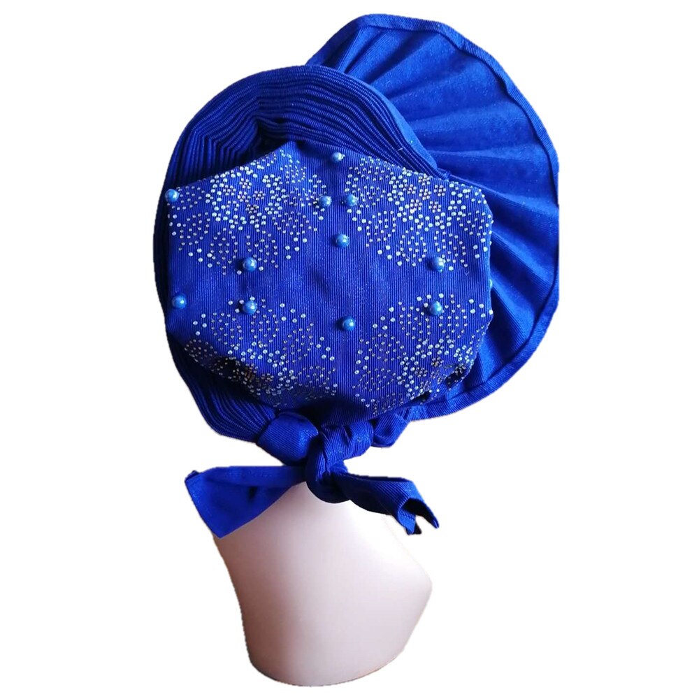 Fashion Blue Nigerian Turban Gele Headtie Aso Oke Gele Already Made Auto Gele Headtie African Turban Cap with Beads Z1030-2 Fashion Blue Nigerian Turban Gele Headtie Aso Oke Gele Already Made Auto Gele Headtie African Turban Cap with Beads Z1030-2