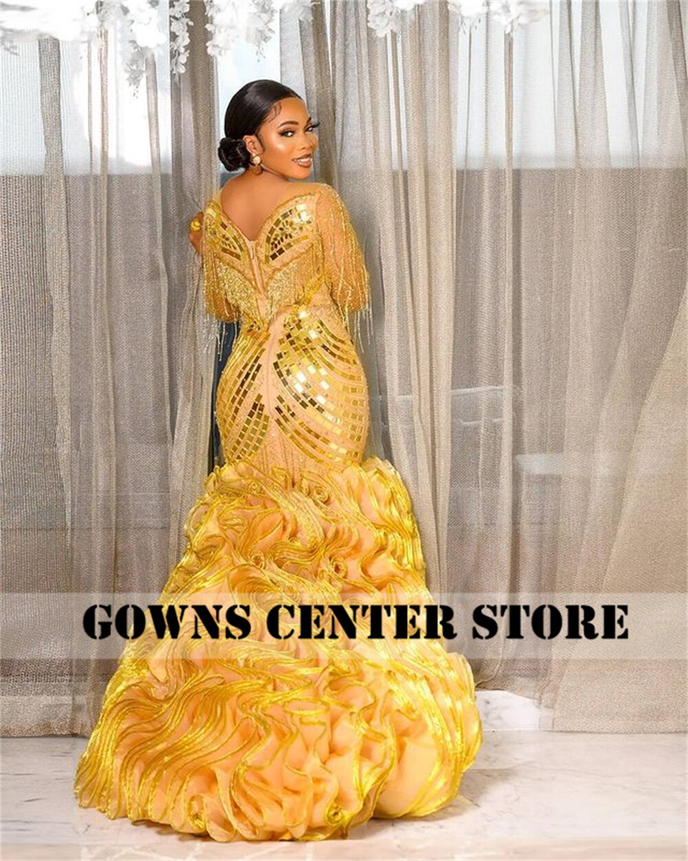 Gold Aso Ebi Lace Styles Evening Dresses Ruffles Mermaid African Fashion Dress For Wedding Party Long Sleeve Gold Aso Ebi Lace Styles Evening Dresses Ruffles Mermaid African Fashion Dress For Wedding Party Long Sleeve