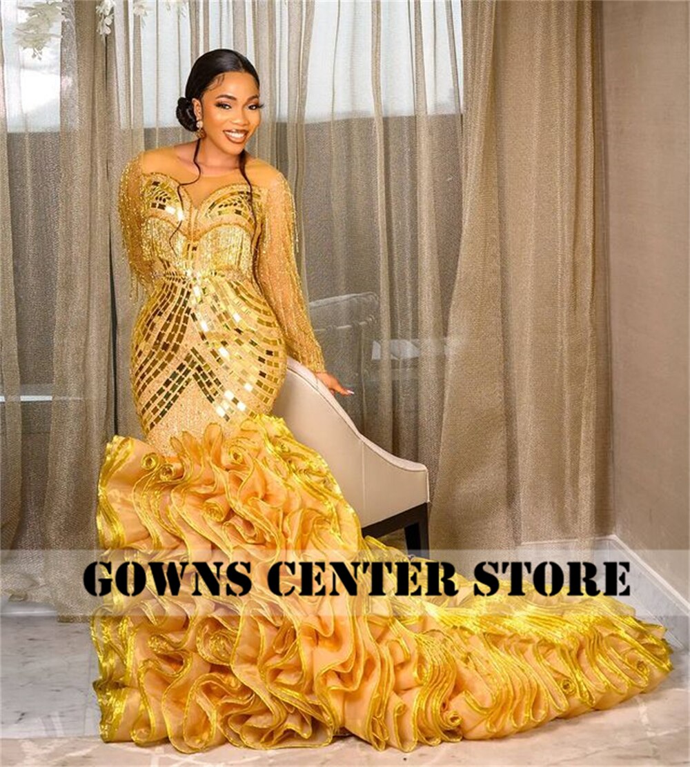 Gold Aso Ebi Lace Styles Evening Dresses Ruffles Mermaid African Fashion Dress For Wedding Party Long Sleeve Gold Aso Ebi Lace Styles Evening Dresses Ruffles Mermaid African Fashion Dress For Wedding Party Long Sleeve