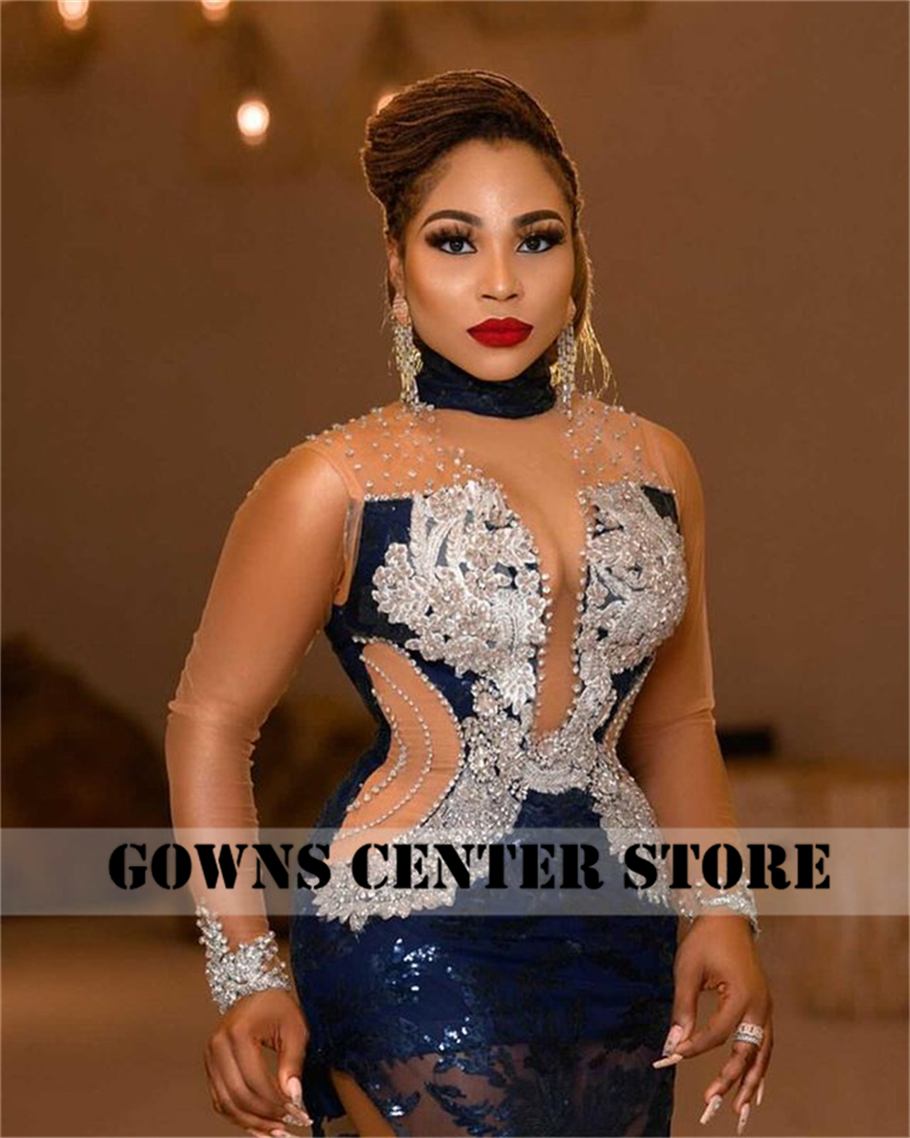 Dark Navy Blue Elegant Long Sleeve Evening Dresses Luxury Sparkly Mermaid Formal Night Gown Dinner Dress For Women Dark Navy Blue Elegant Long Sleeve Evening Dresses Luxury Sparkly Mermaid Formal Night Gown Dinner Dress For Women
