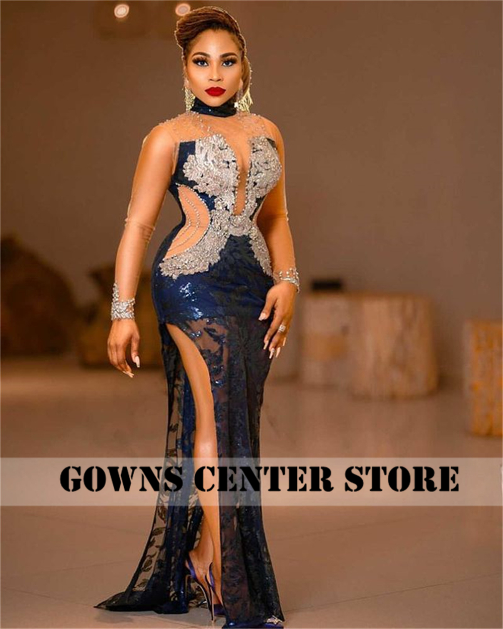 Dark Navy Blue Elegant Long Sleeve Evening Dresses Luxury Sparkly Mermaid Formal Night Gown Dinner Dress For Women Dark Navy Blue Elegant Long Sleeve Evening Dresses Luxury Sparkly Mermaid Formal Night Gown Dinner Dress For Women