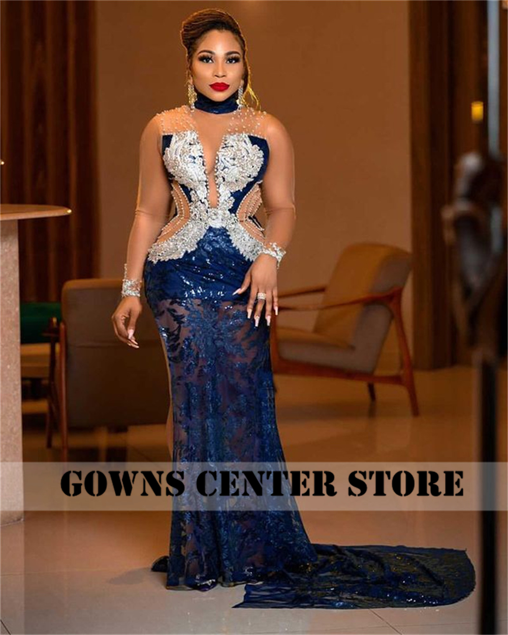 Dark Navy Blue Elegant Long Sleeve Evening Dresses Luxury Sparkly Mermaid Formal Night Gown Dinner Dress For Women Dark Navy Blue Elegant Long Sleeve Evening Dresses Luxury Sparkly Mermaid Formal Night Gown Dinner Dress For Women