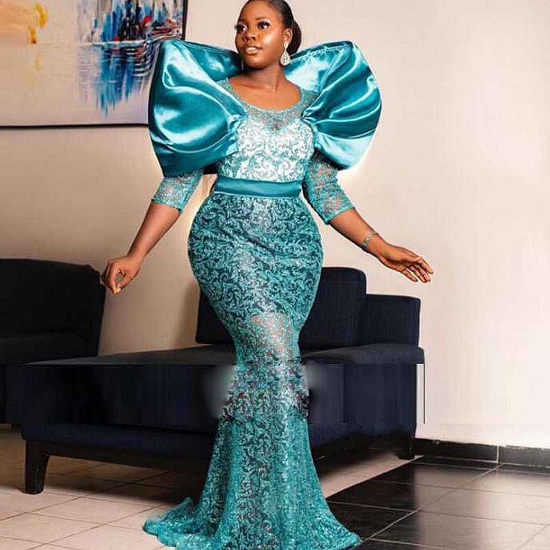 Lace Mermaid Evening Dresses Ruffles Scoop Prom Gowns For African Women Aso Ebi Birthday Gowns Robe De Soiree 3/4 Long Sleeves Lace Mermaid Evening Dresses Ruffles Scoop Prom Gowns For African Women Aso Ebi Birthday Gowns Robe De Soiree 3/4 Long Sleeves