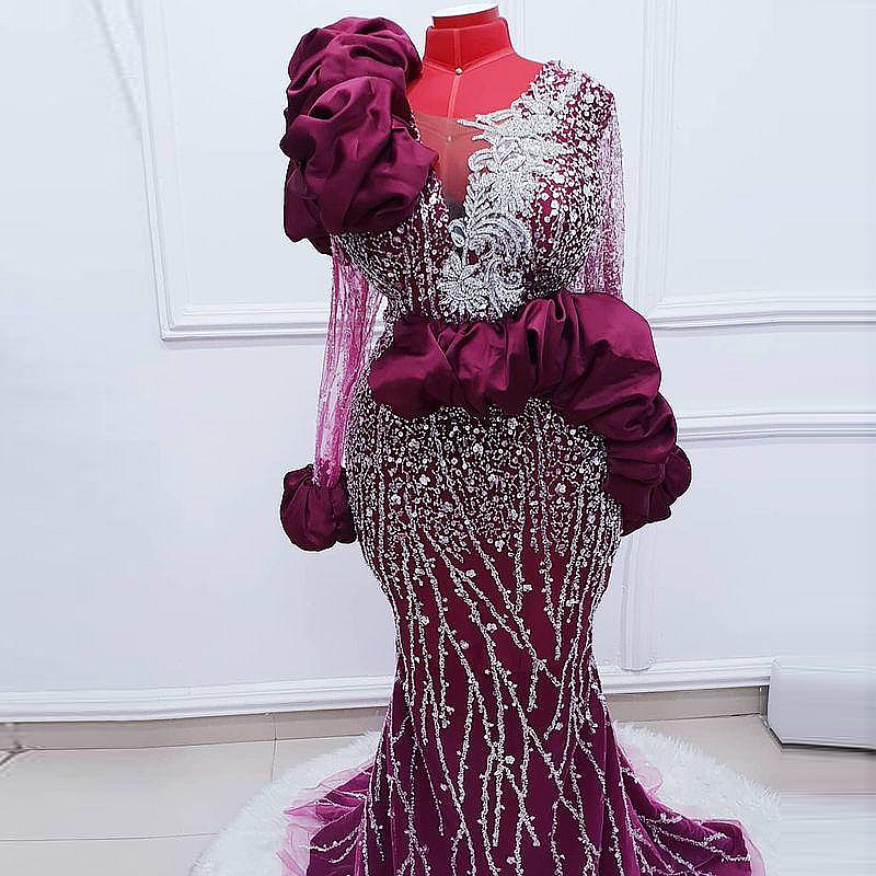 Grape African Mermaid Evening Dresses Sheer Neck Ruffles Sexy Prom Dress Long Sleeves Beads Lace Appliques Aso Ebi Party Gown