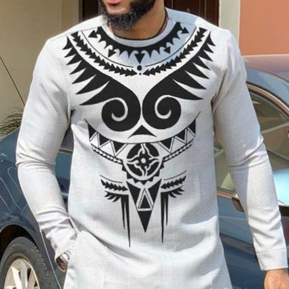 Long Sleeve Shirts Print Gray T-shirt African Chilaba Long Sleeve Shirts Print Gray T-shirt African Chilaba