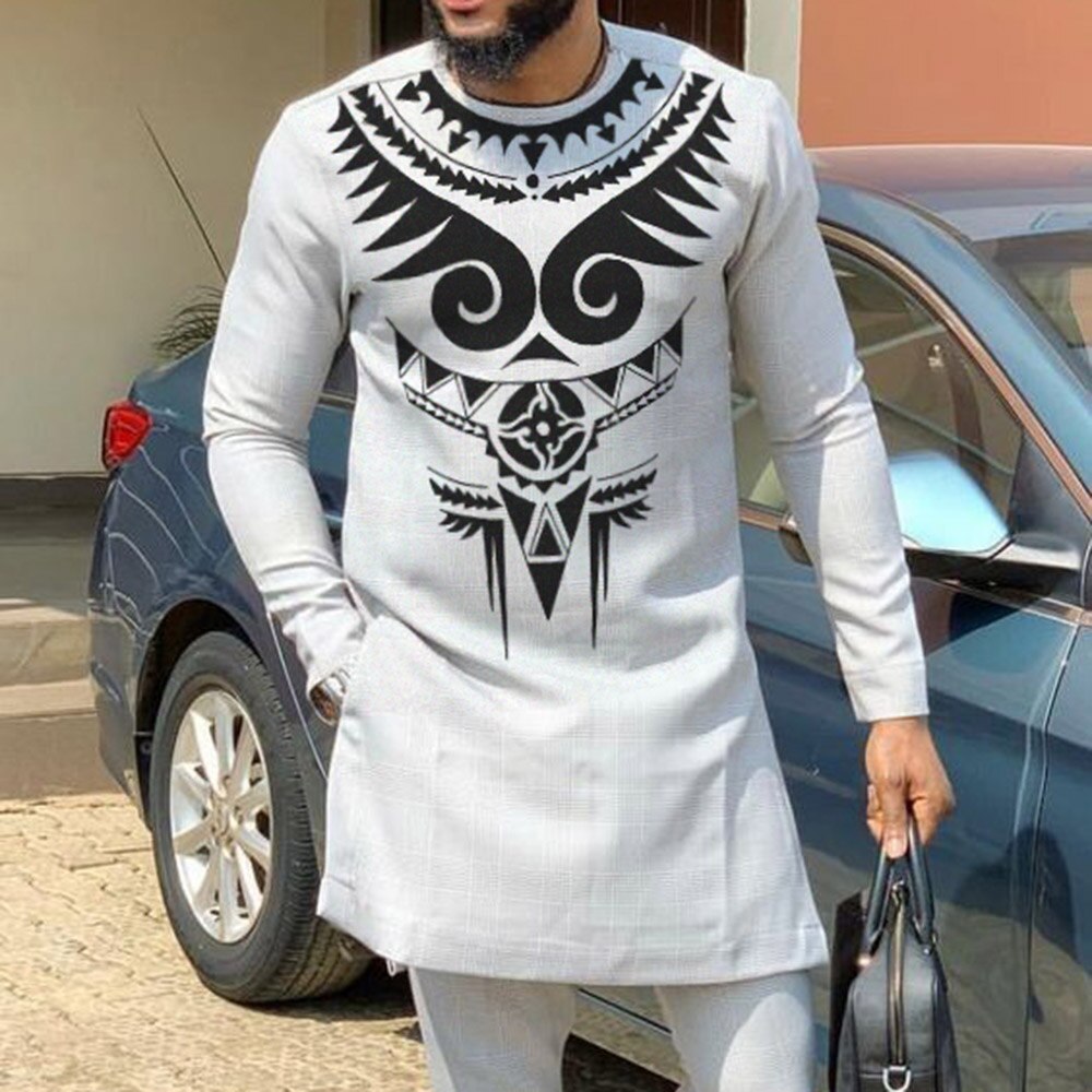 Long Sleeve Shirts Print Gray T-shirt African Chilaba Long Sleeve Shirts Print Gray T-shirt African Chilaba
