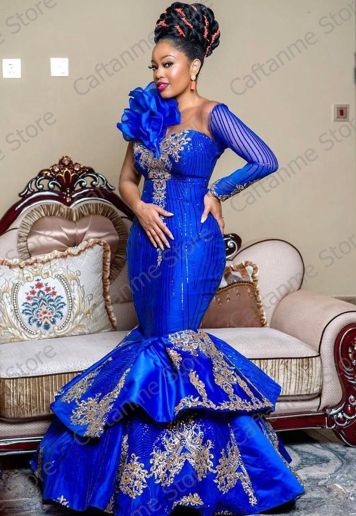 Luxury Royal blue Africa Evening Dresses Mermaid Plus Size Long Sleeves Appliques Aso Ebi Prom Party Gowns 2021 Luxury Royal blue Africa Evening Dresses Mermaid Plus Size Long Sleeves Appliques Aso Ebi Prom Party Gowns 2021