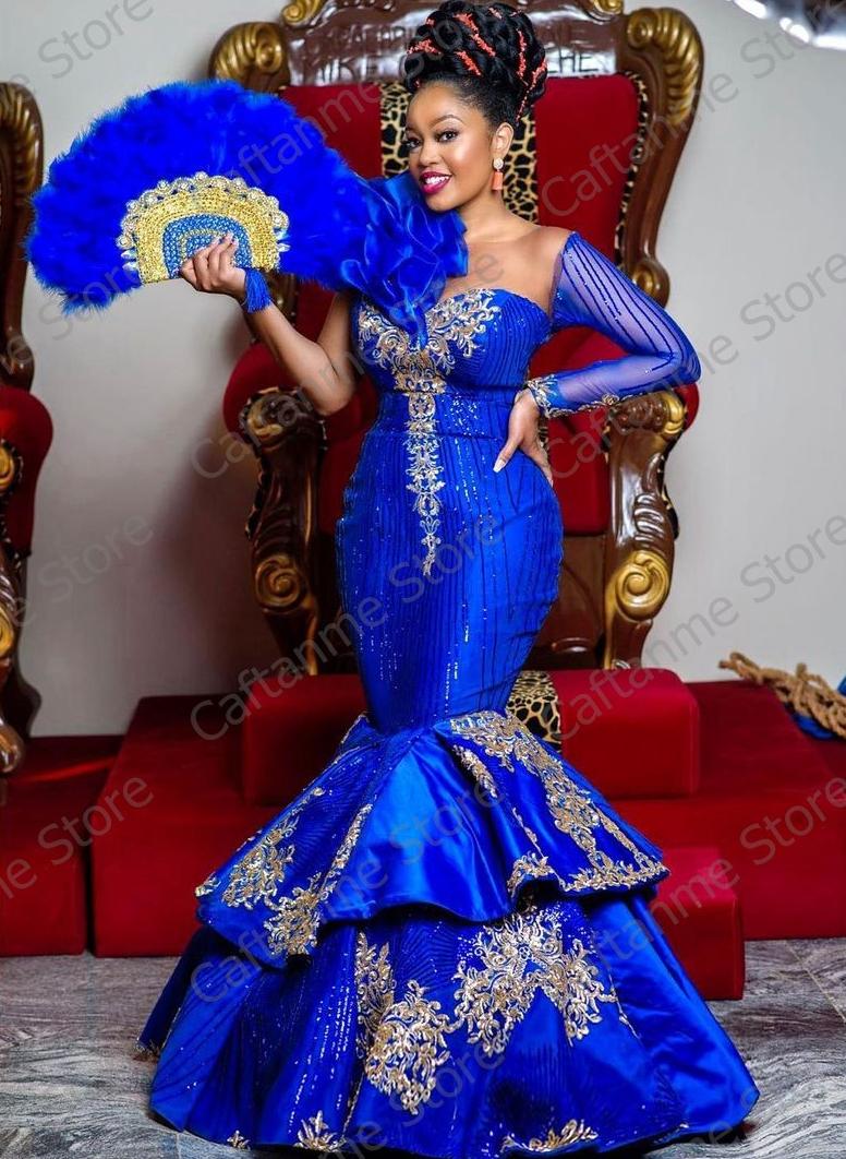 Luxury Royal blue Africa Evening Dresses Mermaid Plus Size Long Sleeves Appliques Aso Ebi Prom Party Gowns 2021 Luxury Royal blue Africa Evening Dresses Mermaid Plus Size Long Sleeves Appliques Aso Ebi Prom Party Gowns 2021