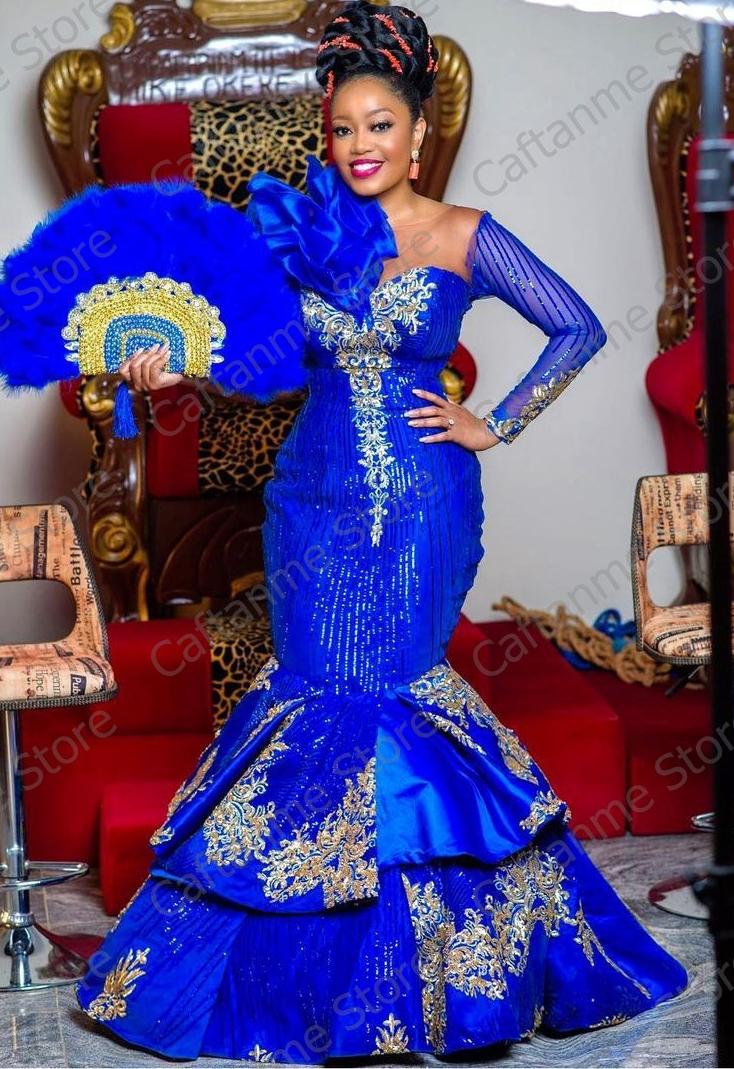 Luxury Royal blue Africa Evening Dresses Mermaid Plus Size Long Sleeves Appliques Aso Ebi Prom Party Gowns 2021 Luxury Royal blue Africa Evening Dresses Mermaid Plus Size Long Sleeves Appliques Aso Ebi Prom Party Gowns 2021