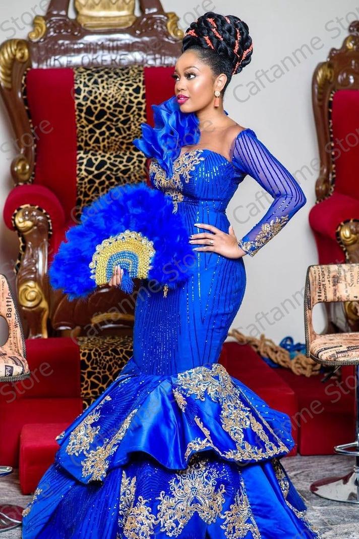Luxury Royal blue Africa Evening Dresses Mermaid Plus Size Long Sleeves Appliques Aso Ebi Prom Party Gowns 2021 Luxury Royal blue Africa Evening Dresses Mermaid Plus Size Long Sleeves Appliques Aso Ebi Prom Party Gowns 2021