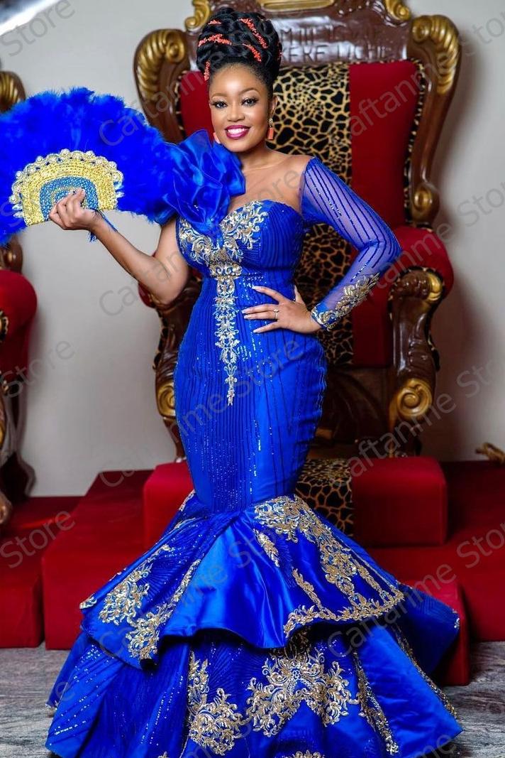 Luxury Royal blue Africa Evening Dresses Mermaid Plus Size Long Sleeves Appliques Aso Ebi Prom Party Gowns 2021 Luxury Royal blue Africa Evening Dresses Mermaid Plus Size Long Sleeves Appliques Aso Ebi Prom Party Gowns 2021