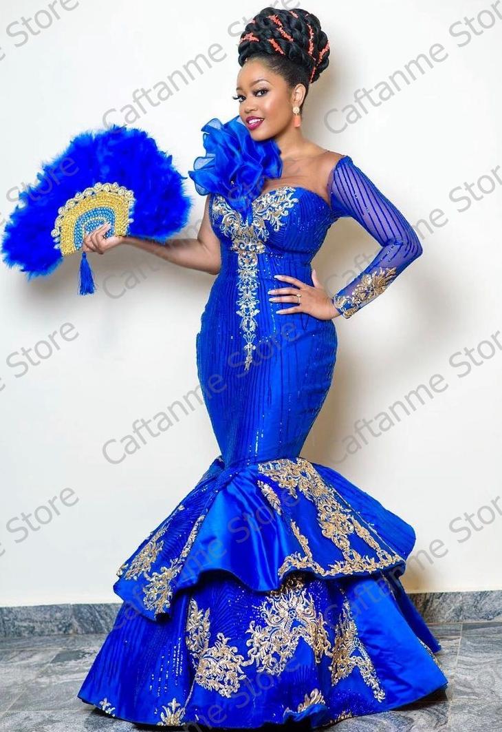 Luxury Royal blue Africa Evening Dresses Mermaid Plus Size Long Sleeves Appliques Aso Ebi Prom Party Gowns 2021 Luxury Royal blue Africa Evening Dresses Mermaid Plus Size Long Sleeves Appliques Aso Ebi Prom Party Gowns 2021