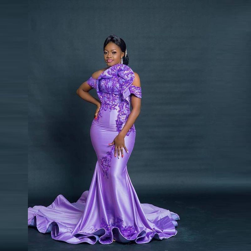 Lavender Aso Ebi Style Prom Dresses Off The Shoulder Sequined Lace Appliques Plus SIze Dubai AfricanEvening Dress 2022 Satin Lavender Aso Ebi Style Prom Dresses Off The Shoulder Sequined Lace Appliques Plus SIze Dubai AfricanEvening Dress 2022 Satin