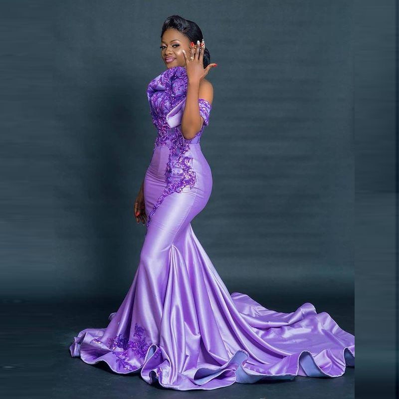 Lavender Aso Ebi Style Prom Dresses Off The Shoulder Sequined Lace Appliques Plus SIze Dubai AfricanEvening Dress 2022 Satin Lavender Aso Ebi Style Prom Dresses Off The Shoulder Sequined Lace Appliques Plus SIze Dubai AfricanEvening Dress 2022 Satin