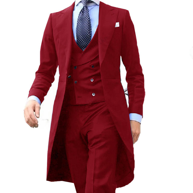 New Arrivel 2021 Long Coat Designs Burgundy Men Suit Gentle mens Tuxedo Prom Blazer Custom 3 Pieces (Jacket+vest+Pants)