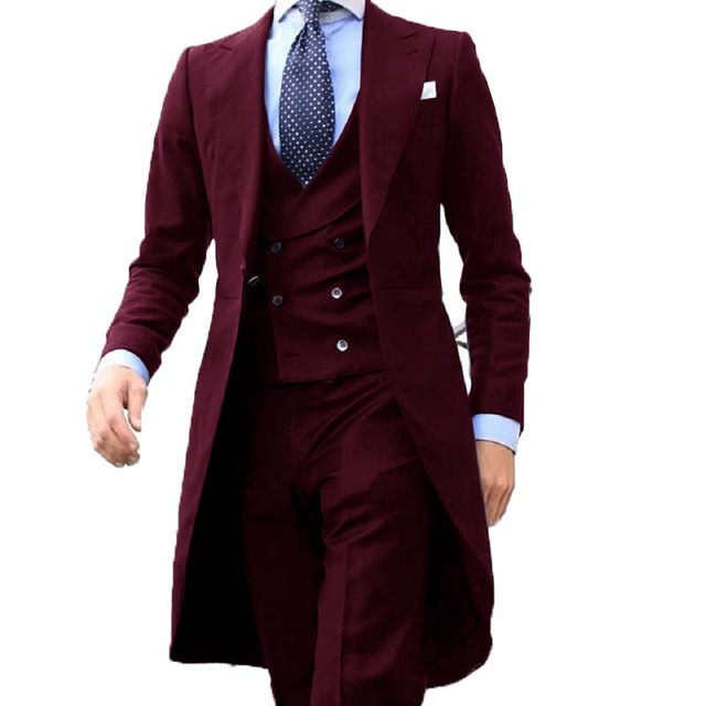 New Arrivel 2021 Long Coat Designs Burgundy Men Suit Gentle mens Tuxedo Prom Blazer Custom 3 Pieces (Jacket+vest+Pants)