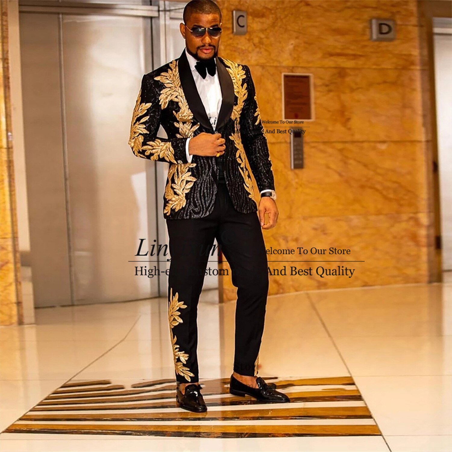 Shiny Beaded Gold Embroidery Men Suits 2 Pieces Sets (Jacket +Pants)
