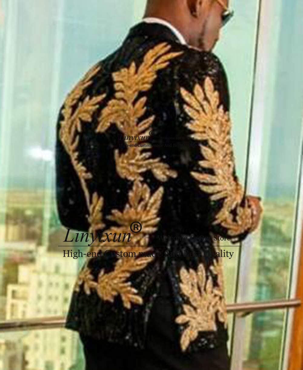 Shiny Beaded Gold Embroidery Men Suits 2 Pieces Sets (Jacket +Pants)