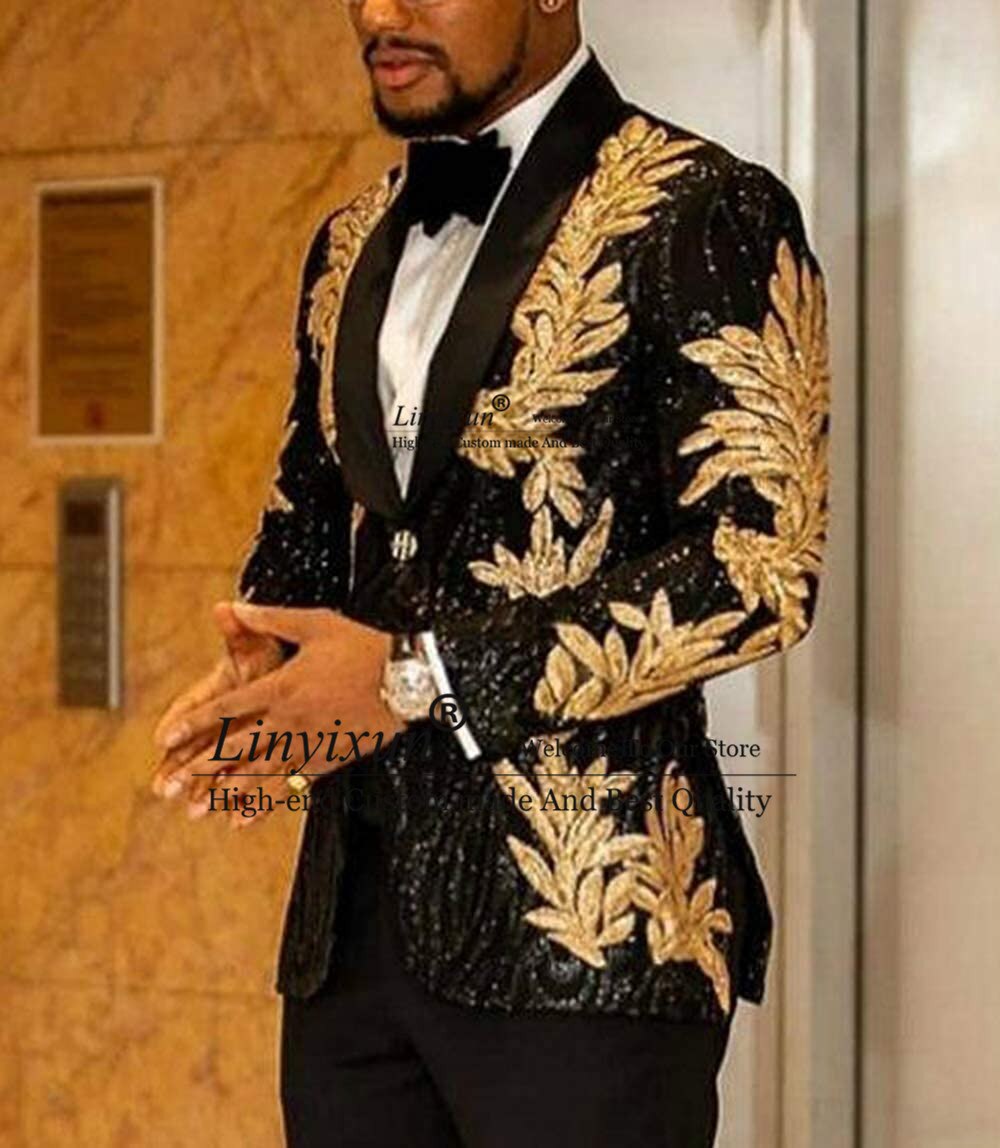 Shiny Beaded Gold Embroidery Men Suits 2 Pieces Sets (Jacket +Pants)