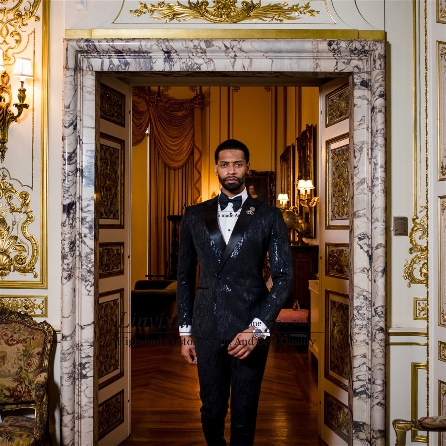 2 Pieces Jacket Pants Set Shinny Sequin Black Mens Suits