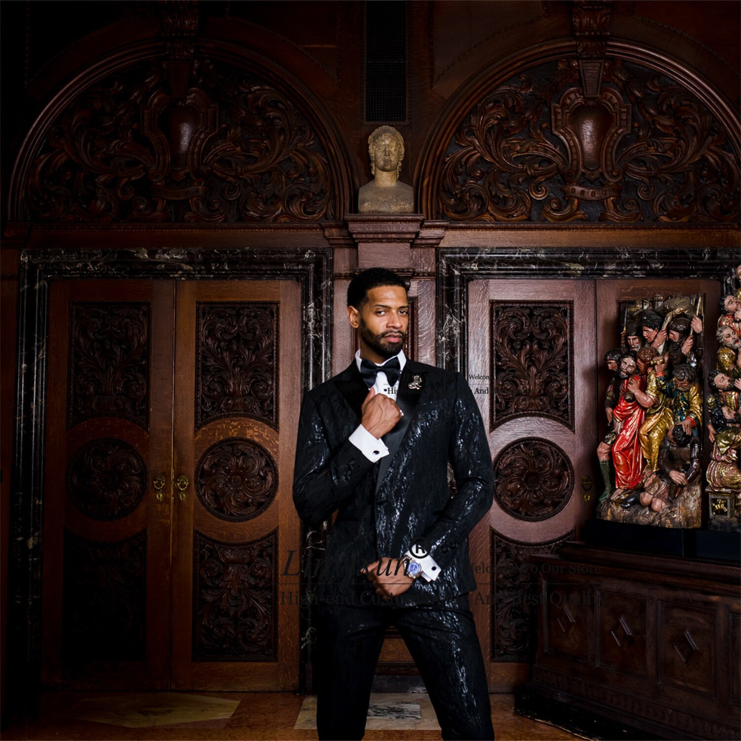 2 Pieces Jacket Pants Set Shinny Sequin Black Mens Suits