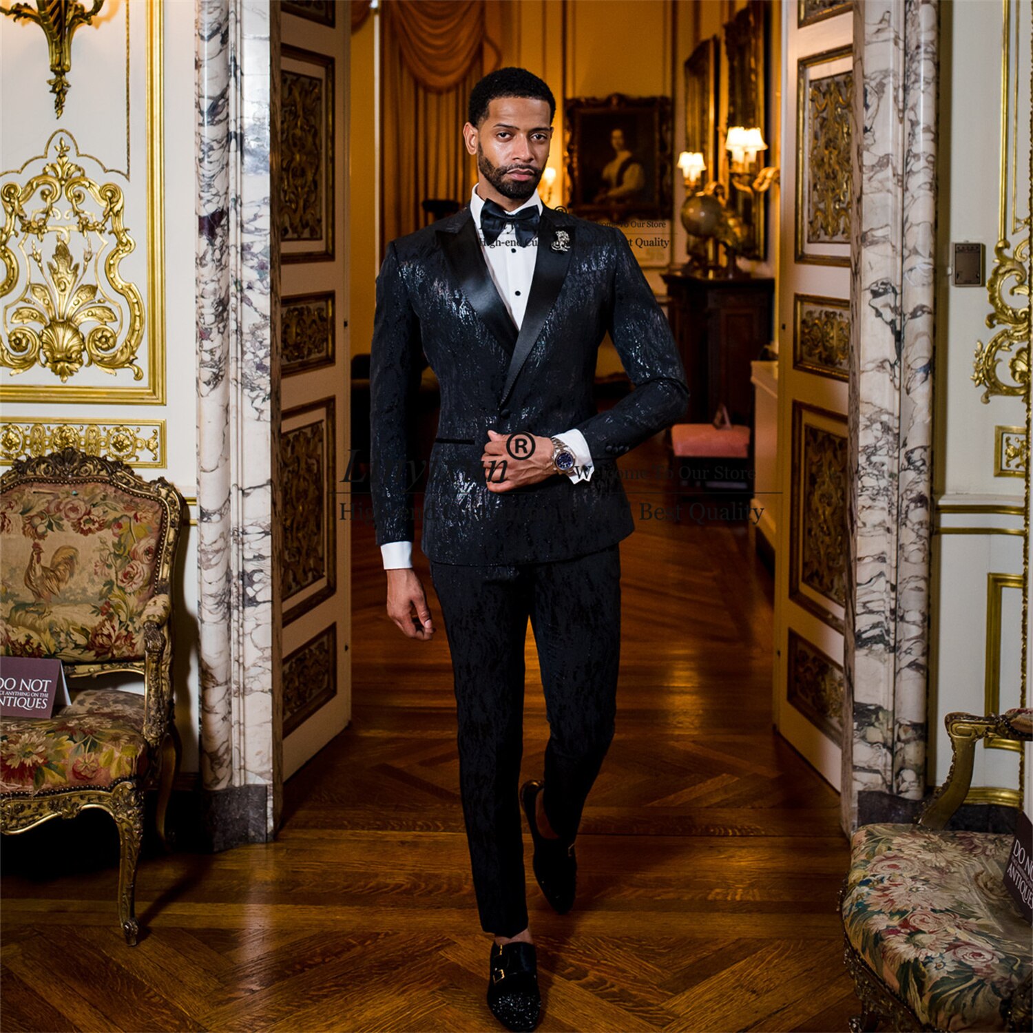 2 Pieces Jacket Pants Set Shinny Sequin Black Mens Suits