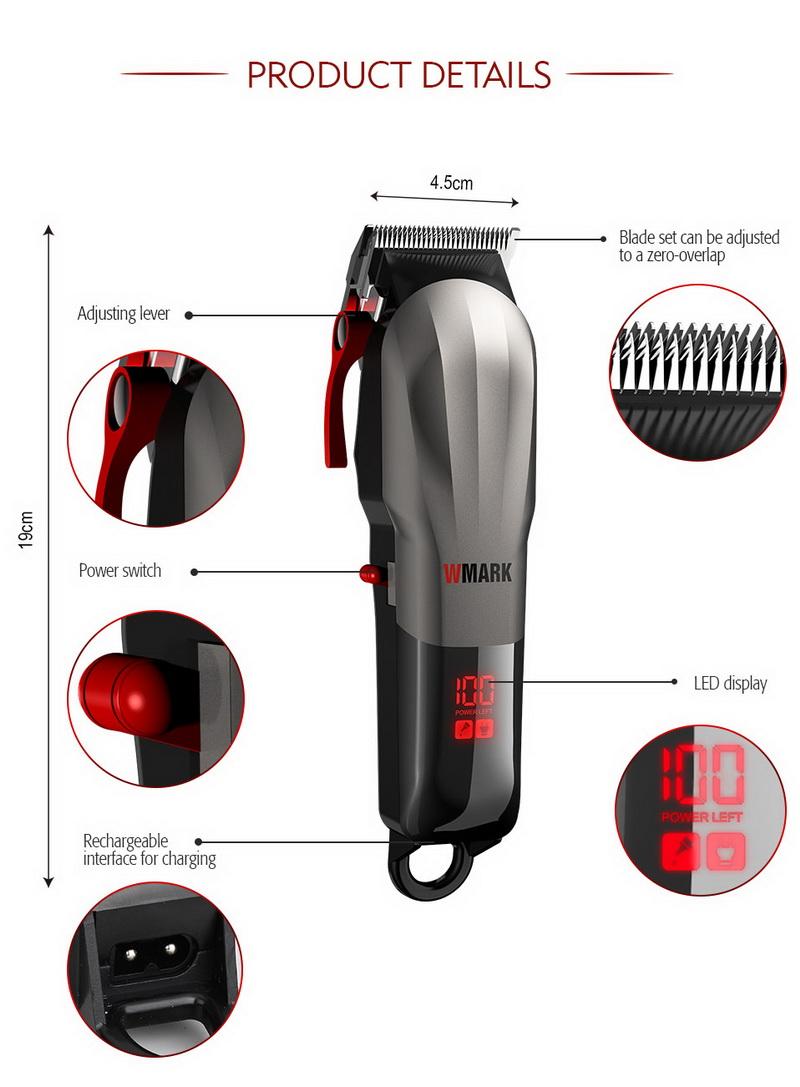 WMARK NG-115 Professional Hair Clipper Electric Rechargeable Cordless With LED Display