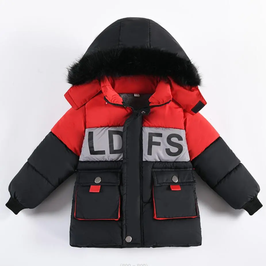 Outdoor Jacket For Boys Winter Hooded Zipper Outerwear Casual Baby Boys Velvet Thick Warm Coats Kids Clothing Fur Collar Parka