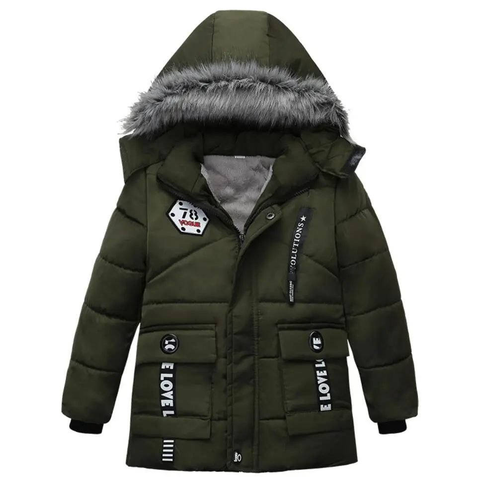 Outdoor Jacket For Boys Winter Hooded Zipper Outerwear Casual Baby Boys Velvet Thick Warm Coats Kids Clothing Fur Collar Parka