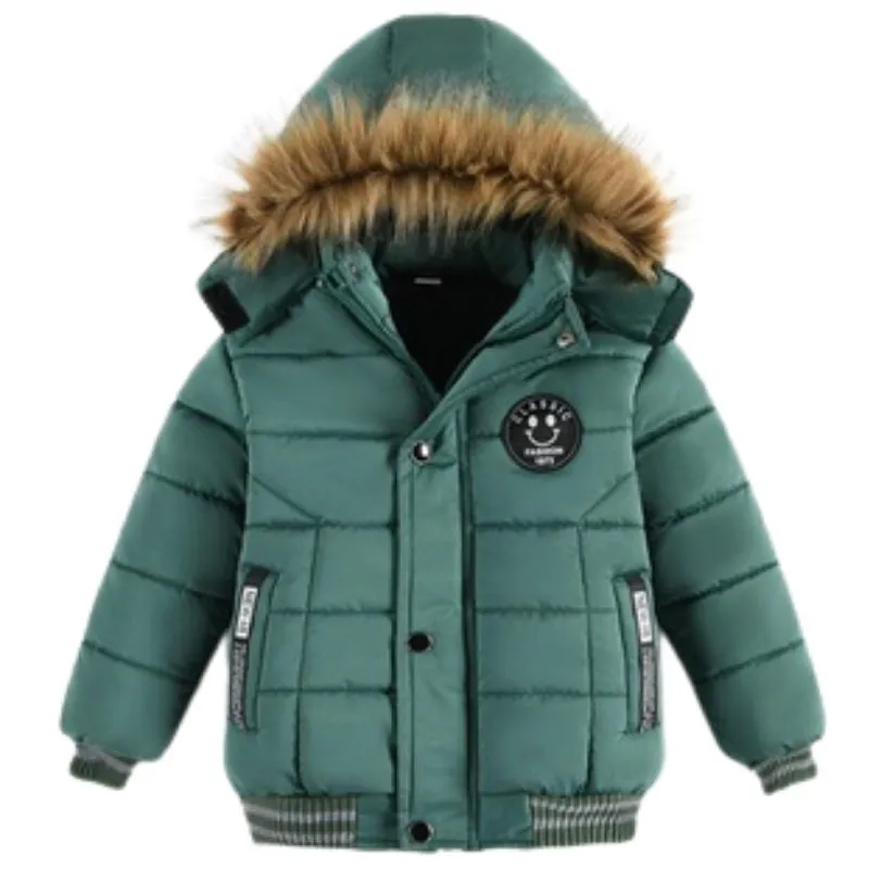 Outdoor Jacket For Boys Winter Hooded Zipper Outerwear Casual Baby Boys Velvet Thick Warm Coats Kids Clothing Fur Collar Parka