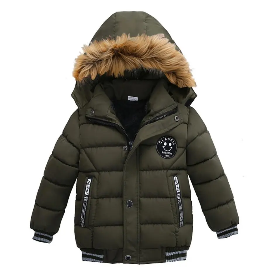 Outdoor Jacket For Boys Winter Hooded Zipper Outerwear Casual Baby Boys Velvet Thick Warm Coats Kids Clothing Fur Collar Parka