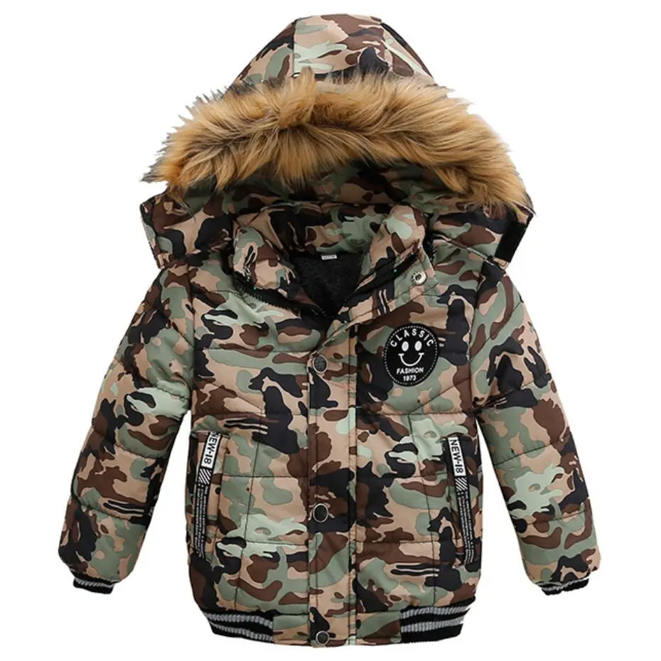 Outdoor Jacket For Boys Winter Hooded Zipper Outerwear Casual Baby Boys Velvet Thick Warm Coats Kids Clothing Fur Collar Parka
