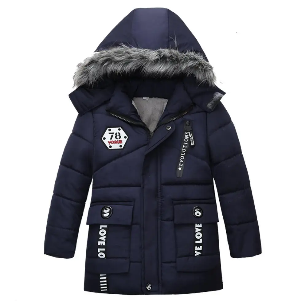 Outdoor Jacket For Boys Winter Hooded Zipper Outerwear Casual Baby Boys Velvet Thick Warm Coats Kids Clothing Fur Collar Parka