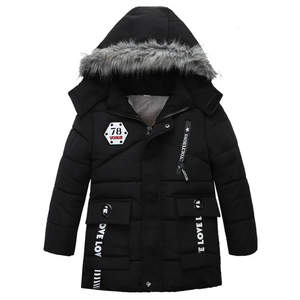 Outdoor Jacket For Boys Winter Hooded Zipper Outerwear Casual Baby Boys Velvet Thick Warm Coats Kids Clothing Fur Collar Parka