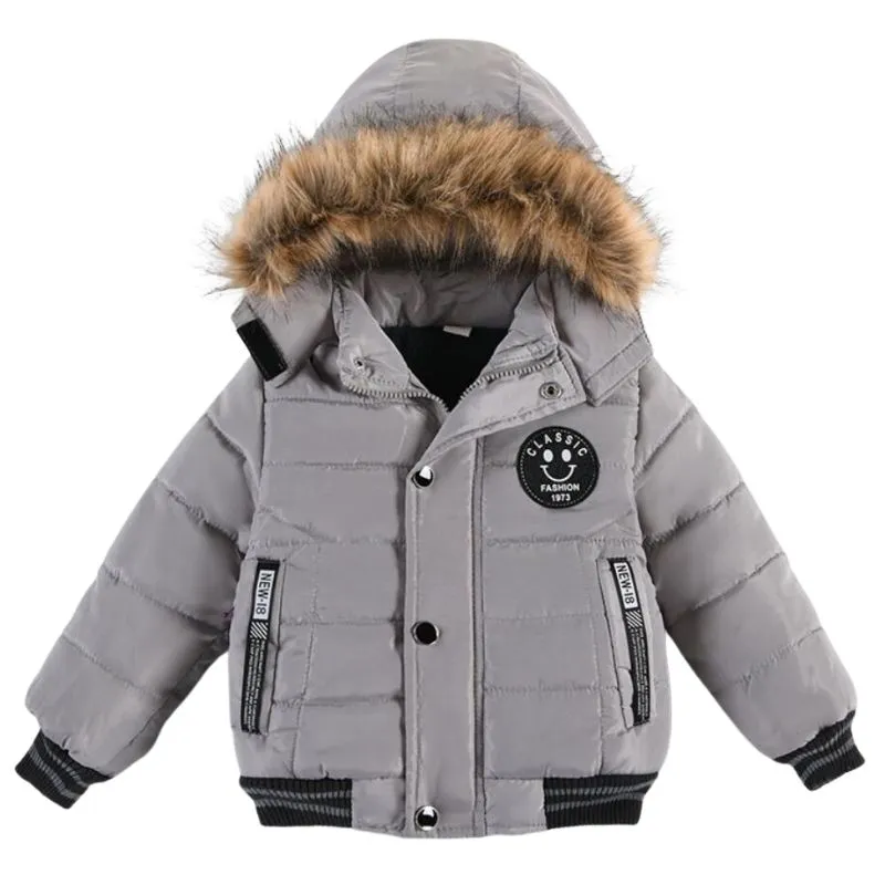 Outdoor Jacket For Boys Winter Hooded Zipper Outerwear Casual Baby Boys Velvet Thick Warm Coats Kids Clothing Fur Collar Parka
