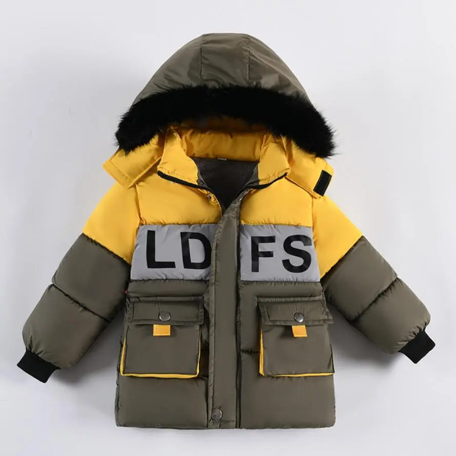 Outdoor Jacket For Boys Winter Hooded Zipper Outerwear Casual Baby Boys Velvet Thick Warm Coats Kids Clothing Fur Collar Parka